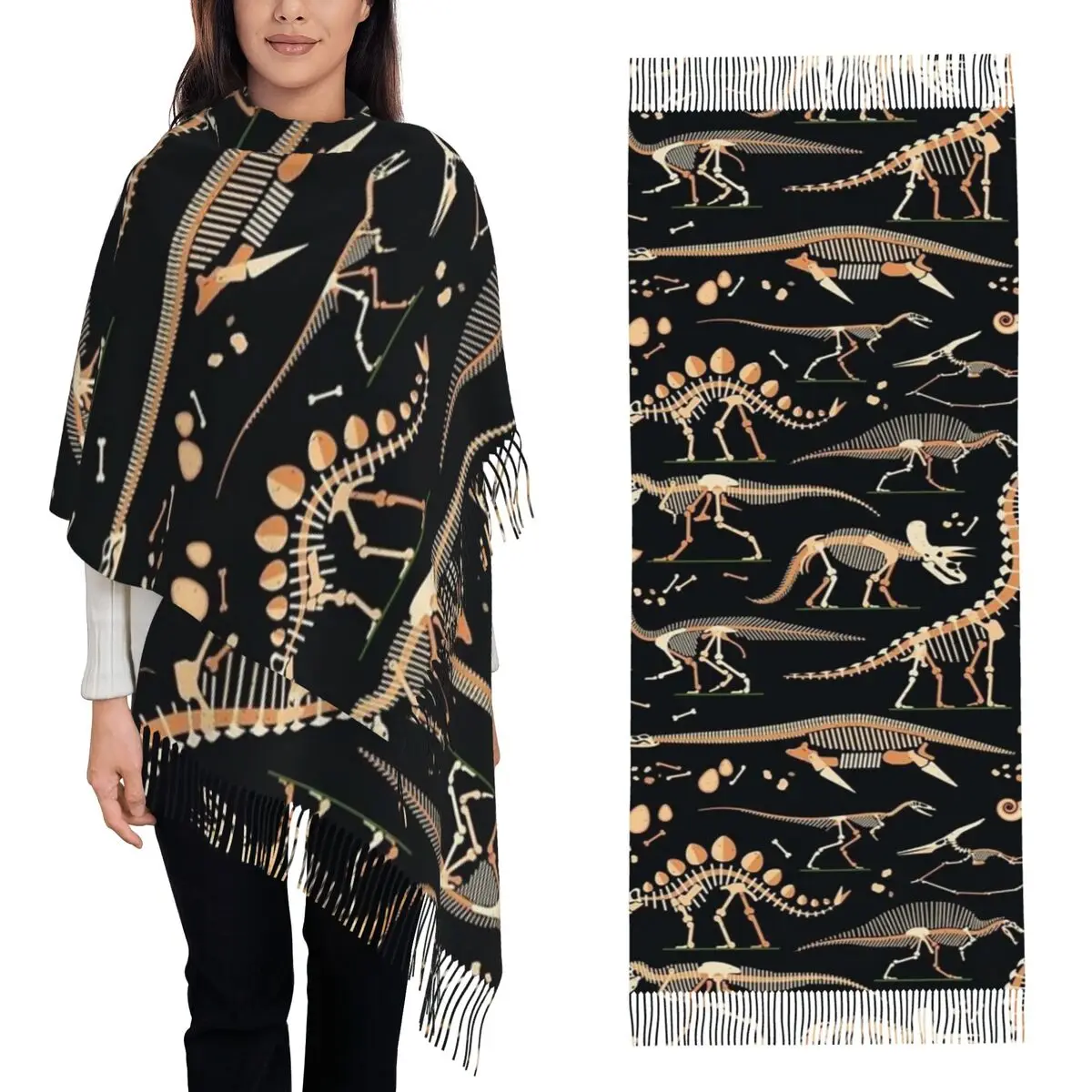 Dinosaur Fossils Halloween Scarf Tassel Scarves Women Soft Warm Shawls and Wraps Long Fall Winter Shawl Wrap