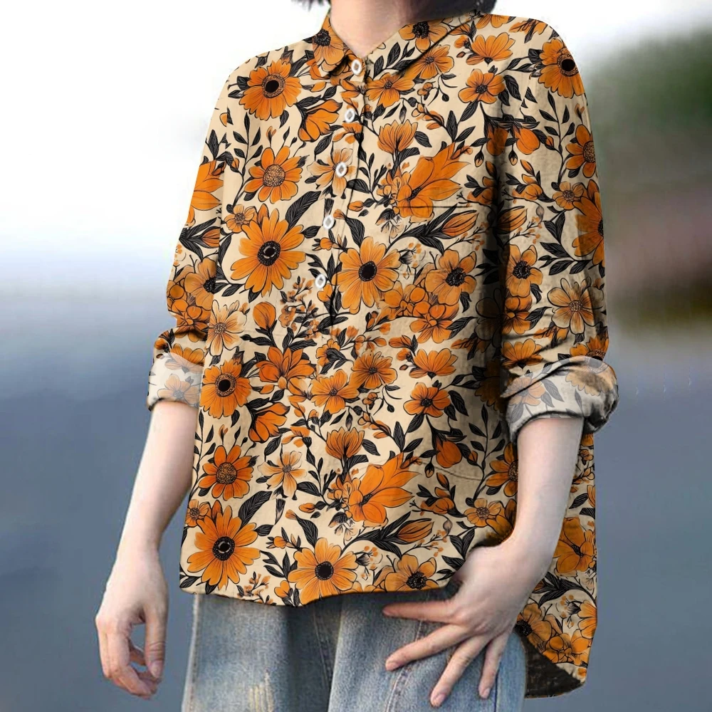 

Retro Revival Orange Floral Print Shirt Boho Luxe Cotton Blend Orange Floral Blouse Garden Party Lover Shirt Fall Harvest Shirt