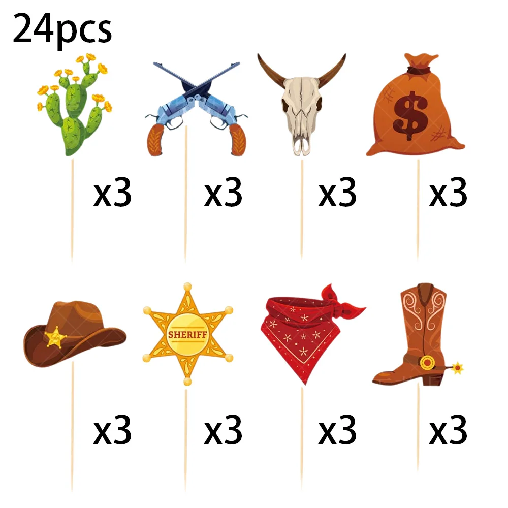 24 pcs Brown Dessert Cupcake Topper Country Western Cowboy Bull Riding Bull Rider Competition Theme Man Boy Birthday Party Decor