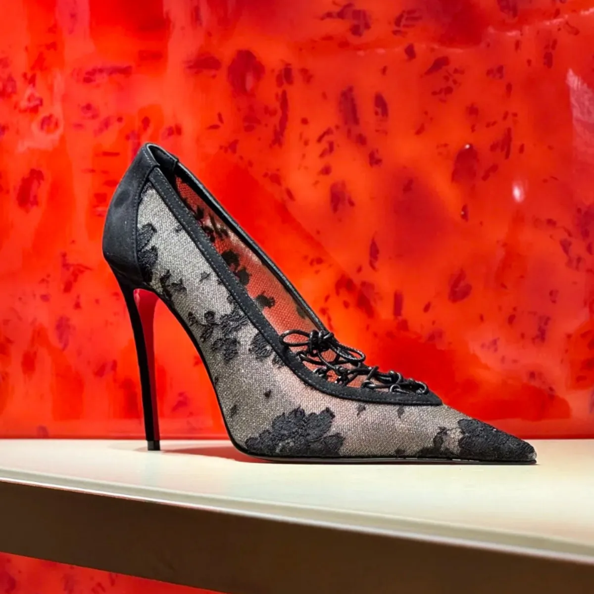 

New Pointed Toe Lace Mesh High Heels for Women Thin Heels Shallow Mouth Bow Tie Sexy Party Single Shoes