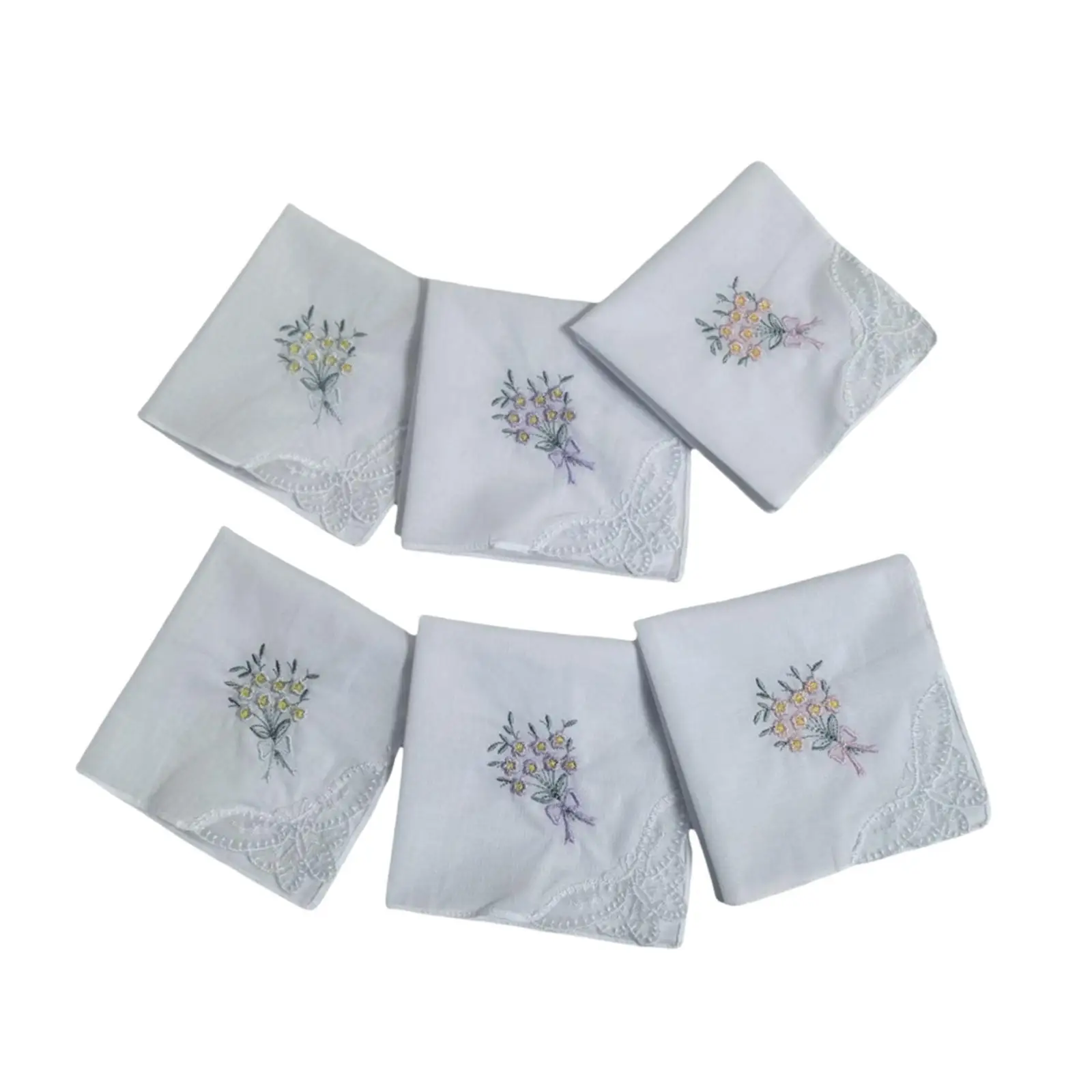 ผ้าเช็ดหน้าผ้าฝ้ายปักลาย 6 ผืน ผ้าเช็ดหน้าลายดอกไม้ปักสำหรับเป็นของขวัญ