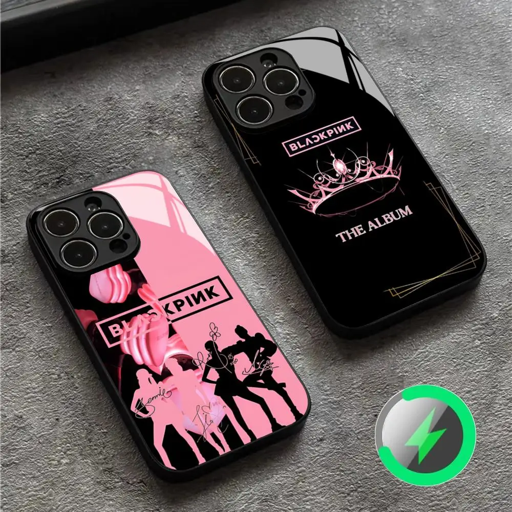 Kpop-BLACKPINks Phone Case For Iphone 16 15 14 12 11 13 Pro Max Mini X Xr Xs Se 8 7 Puls Magnetic Attraction Glass