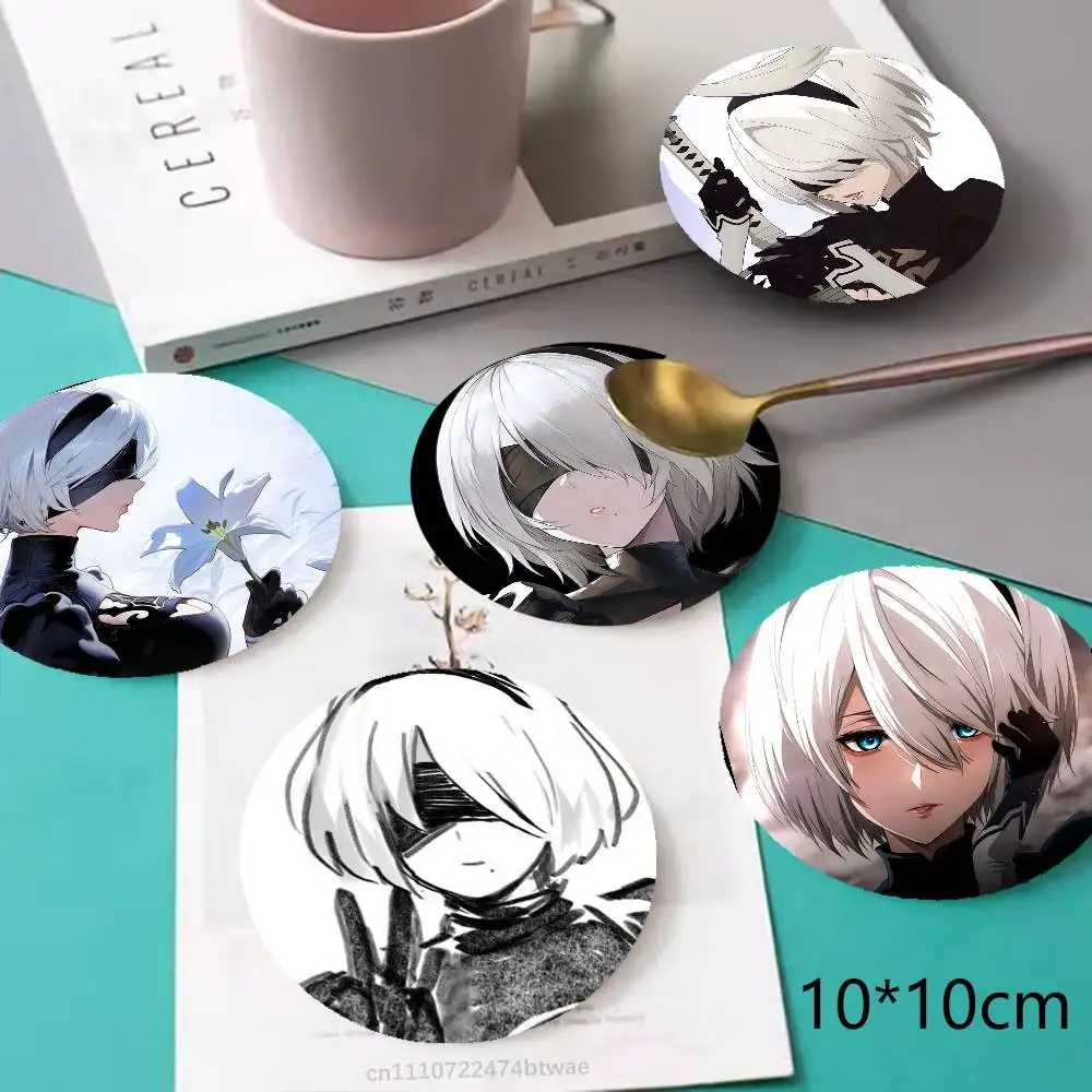 N-NieR Automata 2B Wooden Coaster Set, A Must-Have For Holiday Parties, Suitable For Bars, Offices , Size 10cm X 10cm