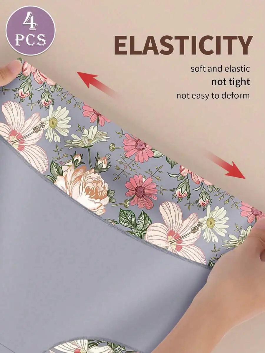 

4 Pcs High Waisted Floral Print Briefs For Women Comfortable Elastic Tummy Control Summer Panties