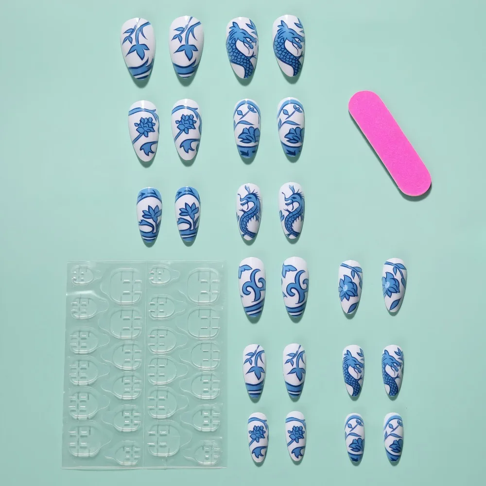 Das Jahr der Loong-Serie Mandel-Kunstnägel, spitzer Kopf, tragbare Maniküre, zum Aufdrücken der Nägel, vollständige Abdeckung, Nagelspitzen für Mädchen