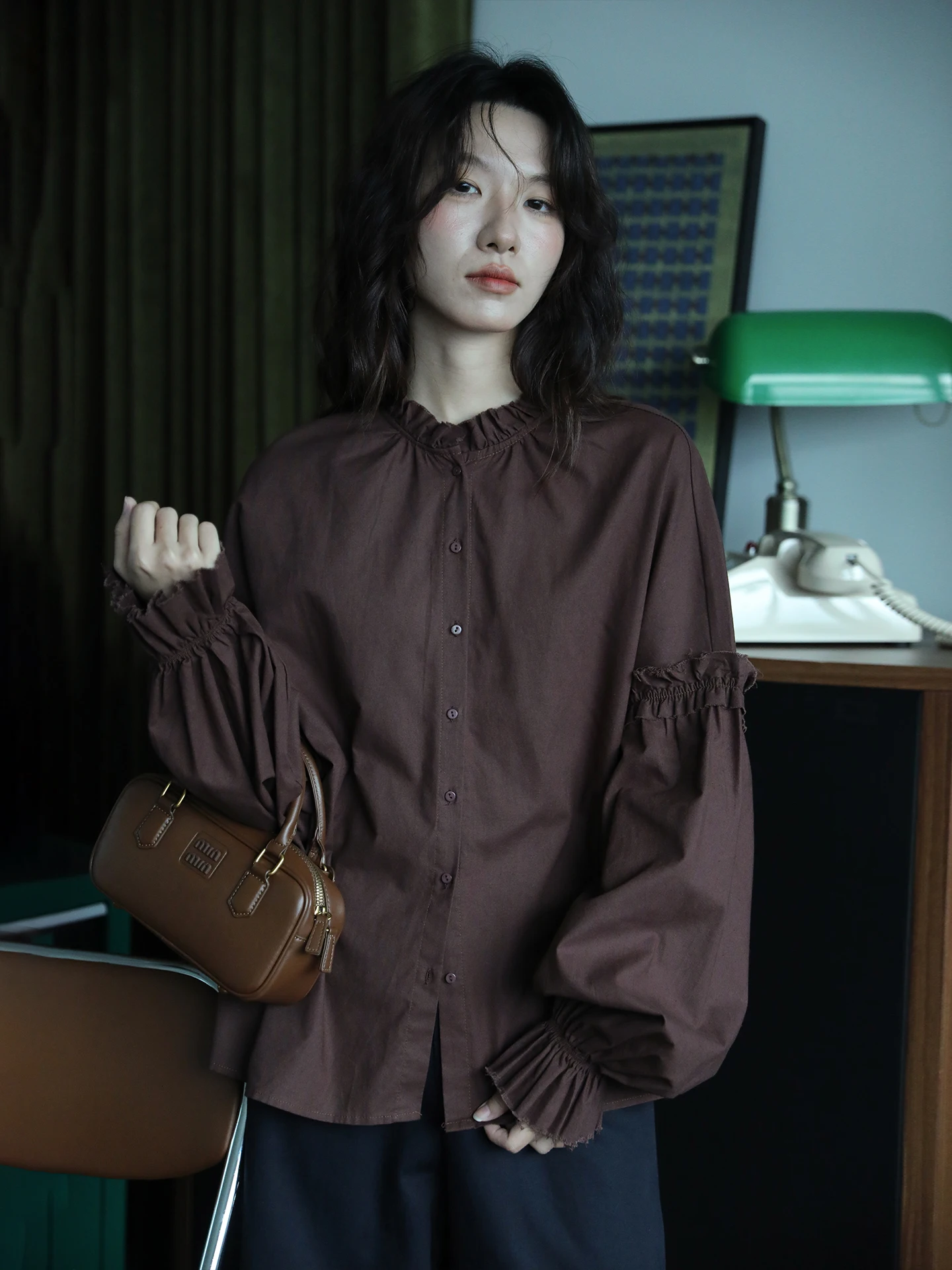 

Loose Long Sve Women's irt Pure Color Floral Lace Collar Button up Casual Spring Autumn Faion Simple Sle Wooden Button