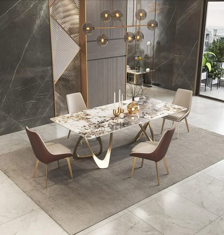 Luxury  Modern Hotel Restaurant Dining Room Furniture Stainless Steel Sintered Stone Dining Table Set