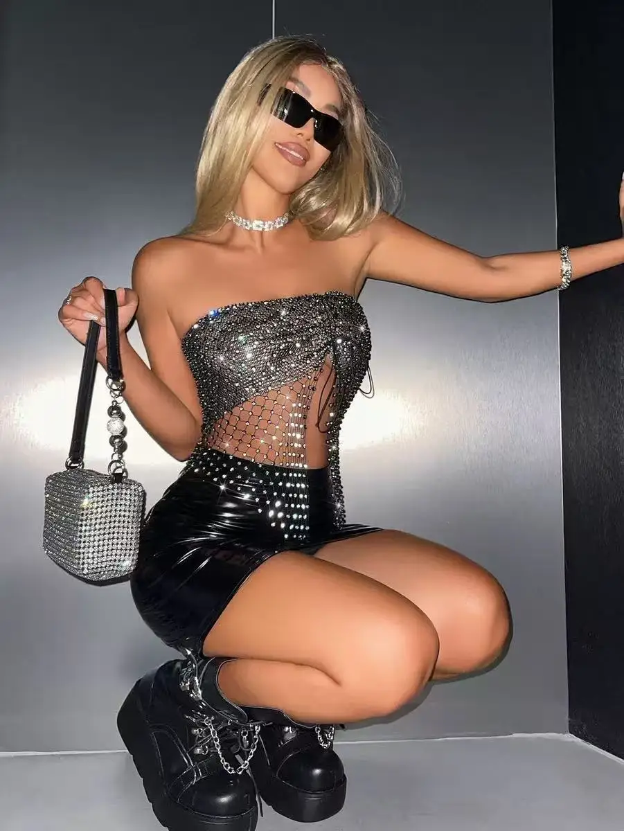 Sexy Bandeau Hotties Sequin Camisoles Nightclub Fishnet Glitter Diamond Vests - Glittering Clubwear for Women