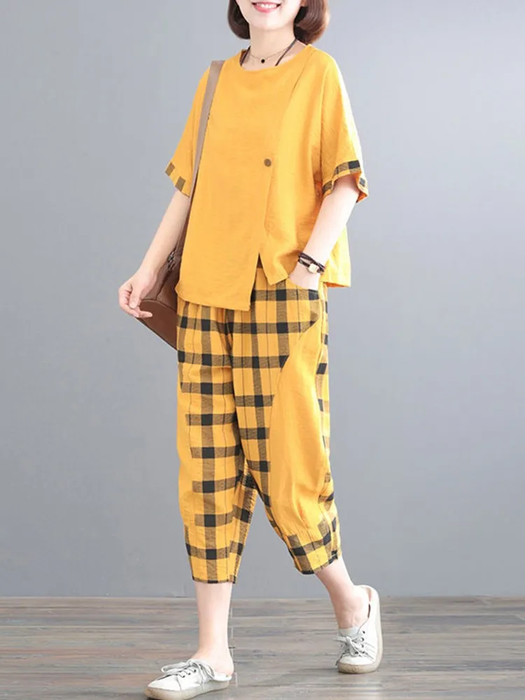 2 Piece Sets Women Summer Tops And Pants New Arrival 2022 Vintage Style Loose Comfortable Cotton Female Casual Suits D207