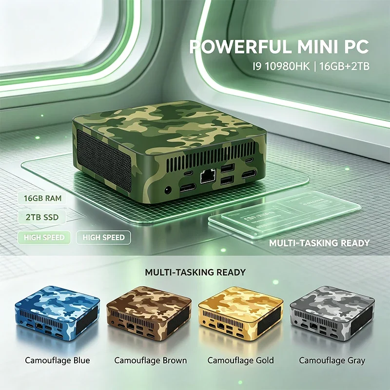 Intel I9 10980HK Mini PC-16GB+2TB Speed Storage Dual HDMI 4K Output Gigabit Windows11 Compact MultiColor Design for GamingOffice