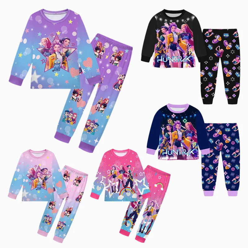 Movie Kpop Demon Hunters Pajama Sets Kids Cartoon Pyjamas Set Boys Daily Nightwear Baby Girls Long Sleeve TShirt+Pants 2pcs Suit