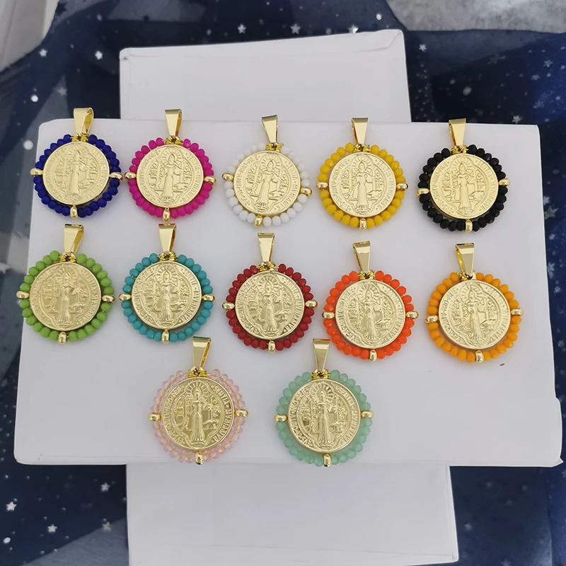 QMHJE Virgin Mary Pendant Charm Necklace Women Stainless Steel Round Choker Beads Chain Gold Color Rainbow Colorful Jewelry DIY