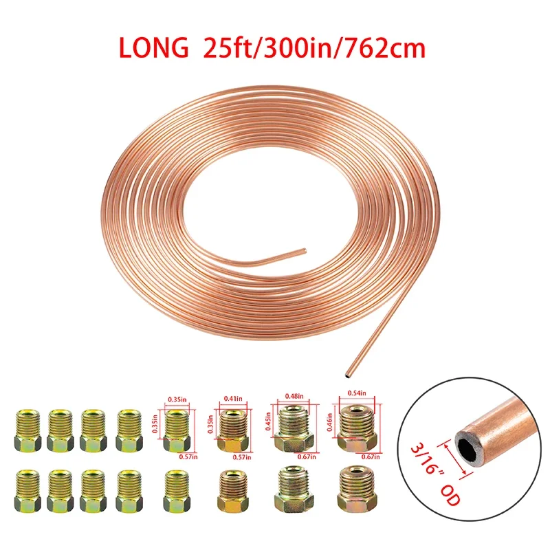 25 Ft Car Copper-Nickel Brake Line Tubing Coil and Fitting Accessory Kits 3/16 OD Hoses Fittings Spring Auto Accessories Parts