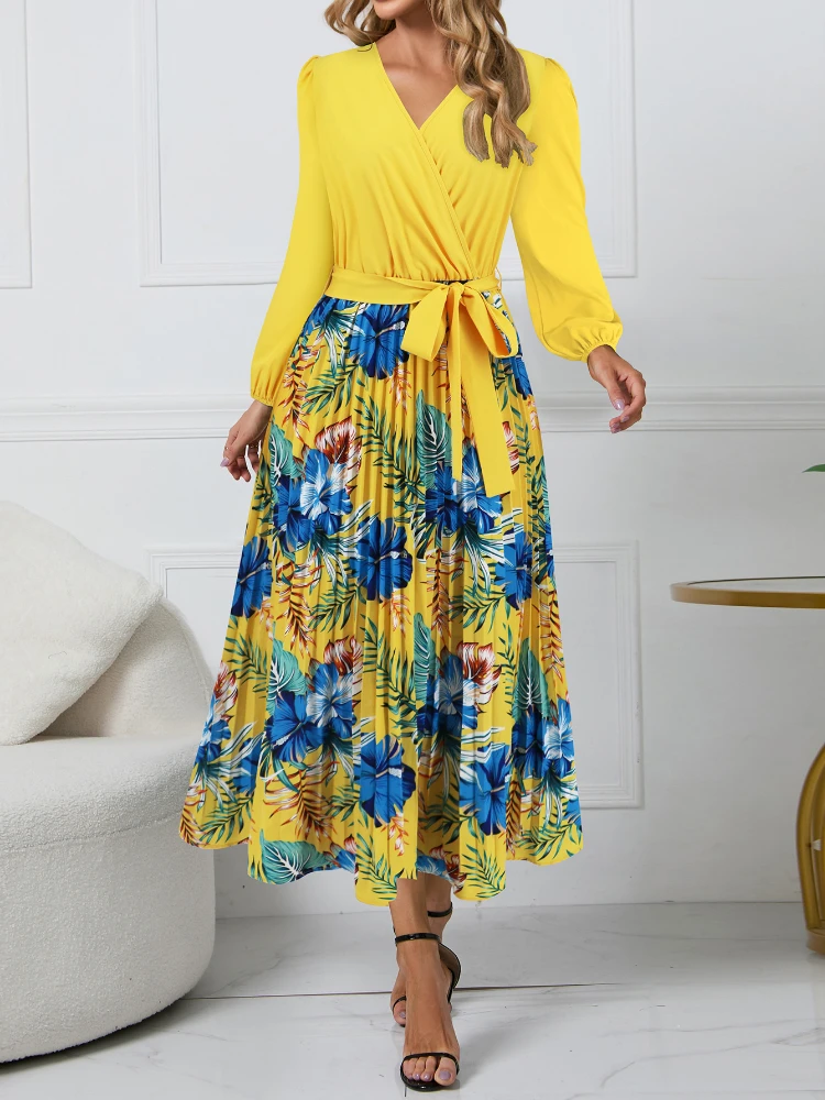 

Women's New Autumn Slim Pleated Dress Fashion Patchwork Temperament V-neck Printed Long-sleeved Skirt Vestidos De Fiesta