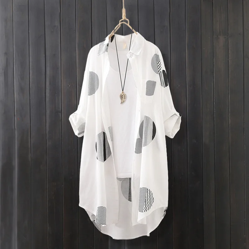 

Summer Shirt Women Lightweight Dot Print Chiffon Blouse Women Summer Mid-Length Loose Long Sleeve Shirt Sun Protection Top