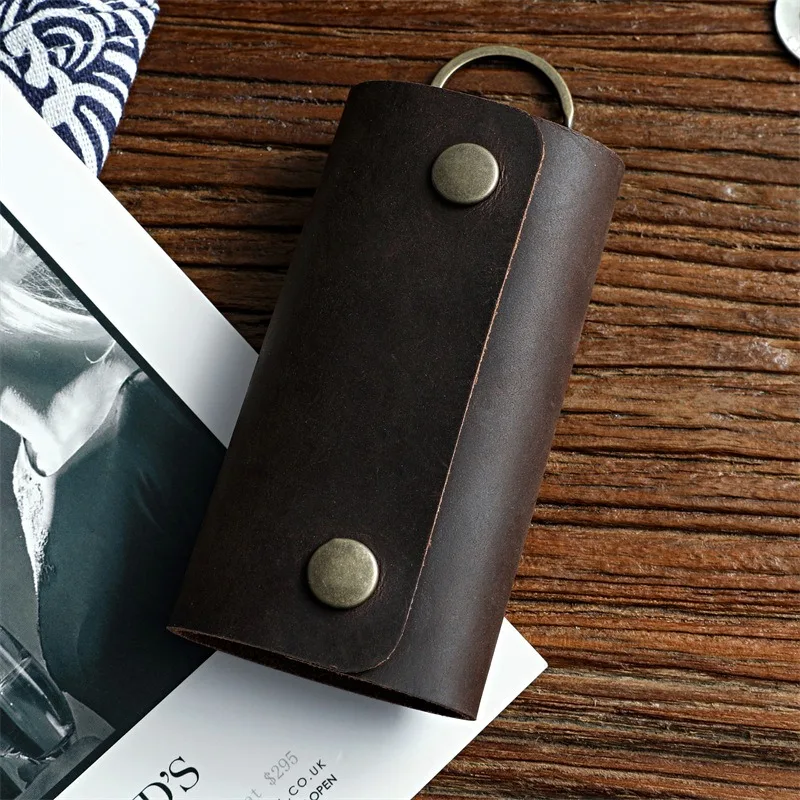 젠시 레트로 정품 가죽 자동차 키 홀더 소형 소가죽 숏 키 케이스 가방 하우스키퍼 키 지갑 남성용 키링 포함