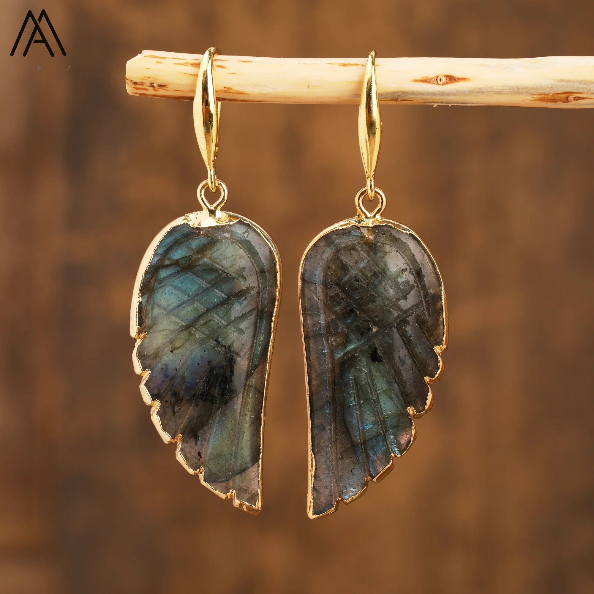 Luxury Flash Labradorite Angel Wings Dangle Earrings Women Rainbow Fluorite Hook Earrings Elegant Party Wedding Jewelry Gifts