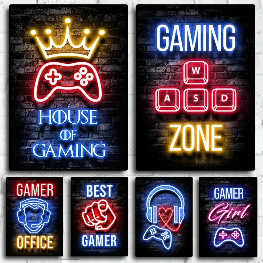 Neon Gamepad Game Zone Poster Aesthetic Cat Dog Canvas Painting Wall Art Home Gamer Office Decor Retro Gaming Room Decoration