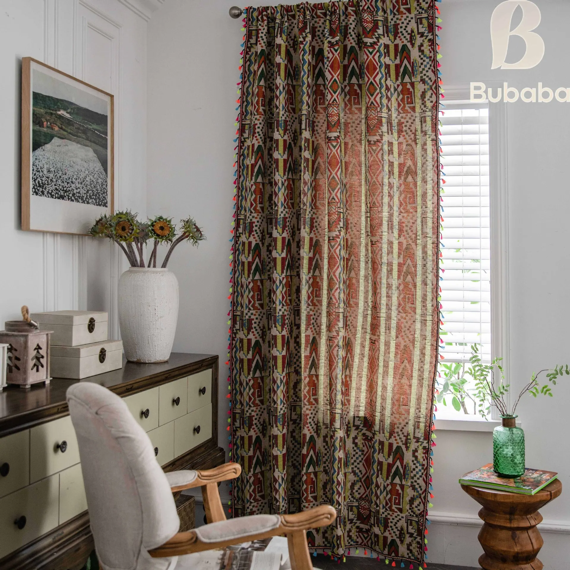 Vintage Bohemian Style Tassel  Cotton Linen Curtain for Living Room Semi-transparent Window Drapes Rod Pocket