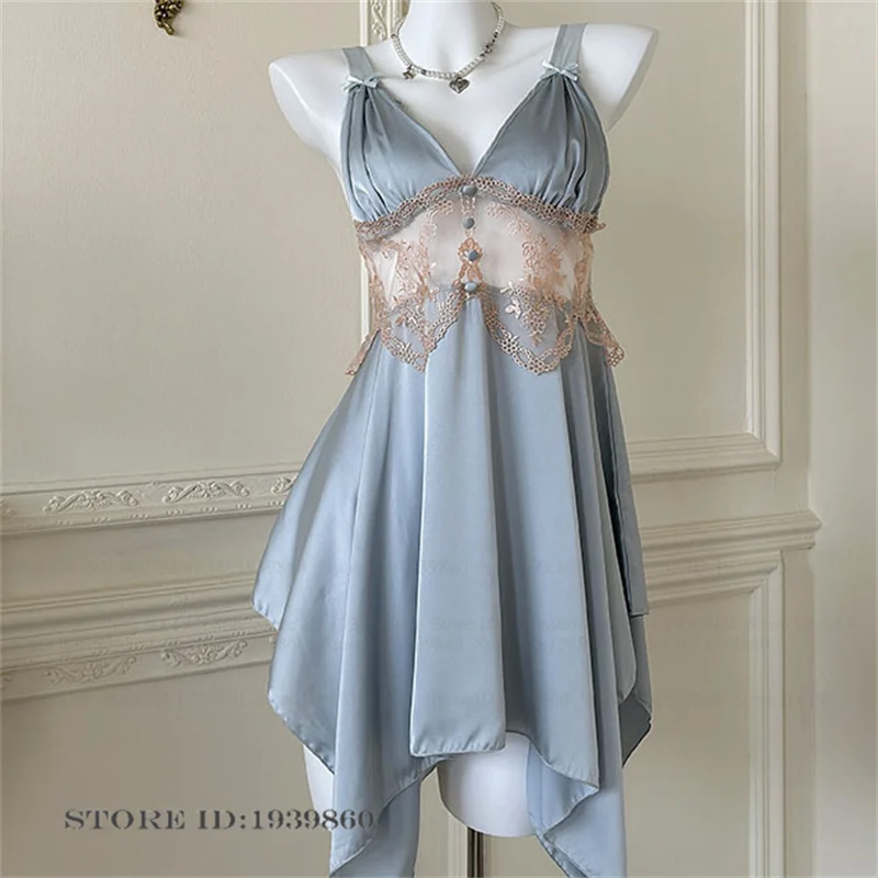 Sexy Damen-Dessous Nachthemd Chemise Schlafanzug Patchwork Aushöhlung Spitze Nachthemd Homewear Sommer Eisseide Nachthemd Loungewear