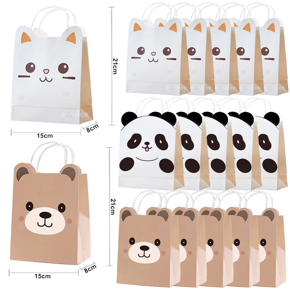 6-30pcs Cartoon Cute Panda Little Bear Cat Handheld Paper Bag Gift Bag Candy Cookies Bags Kids Birthday Party Decor Supplies
