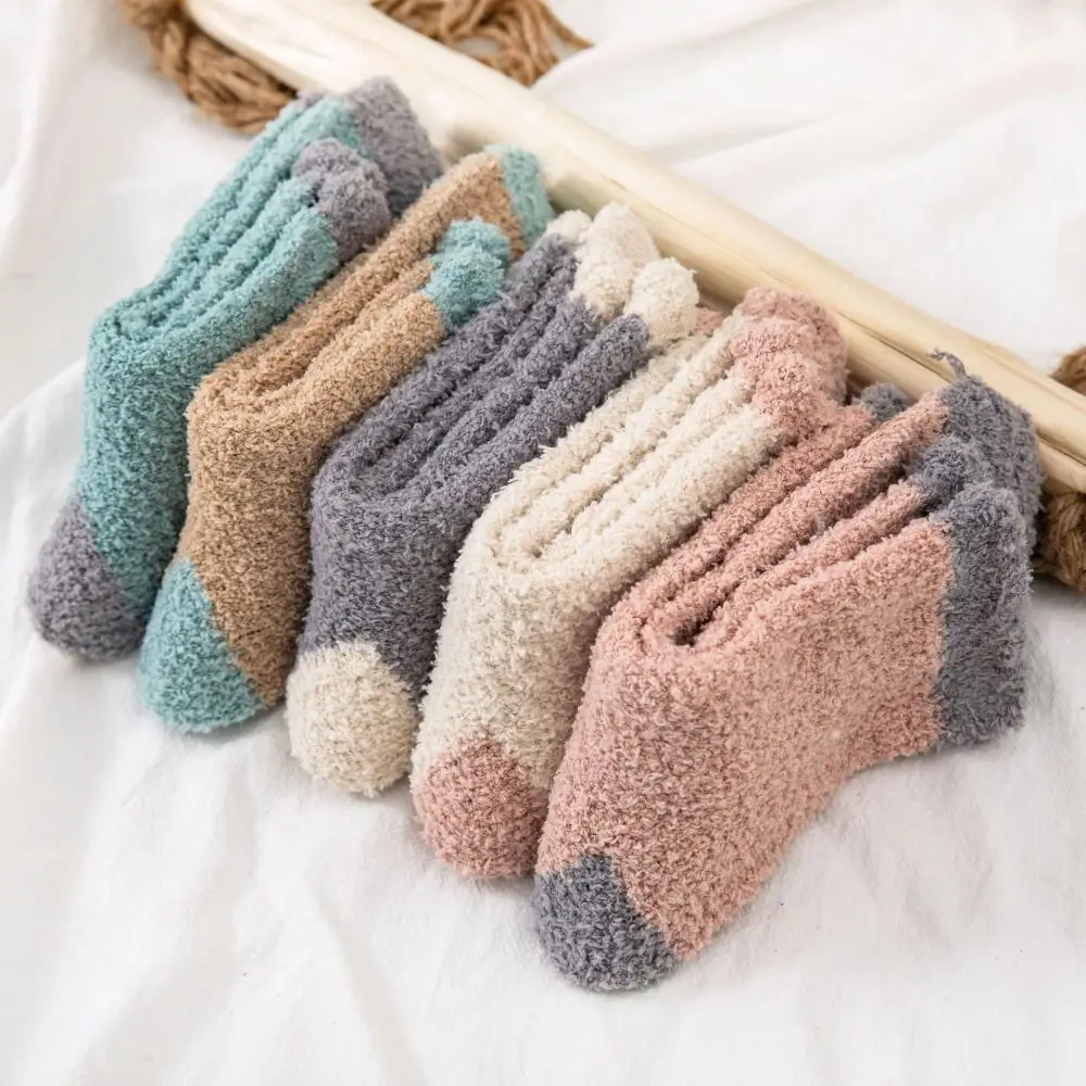 5Pairs Creative Thickened Coral Fleece Socks Patchwork Sleeping Floor Plush Socks Hosiery Simple Warm Boat Socks Women Autumn