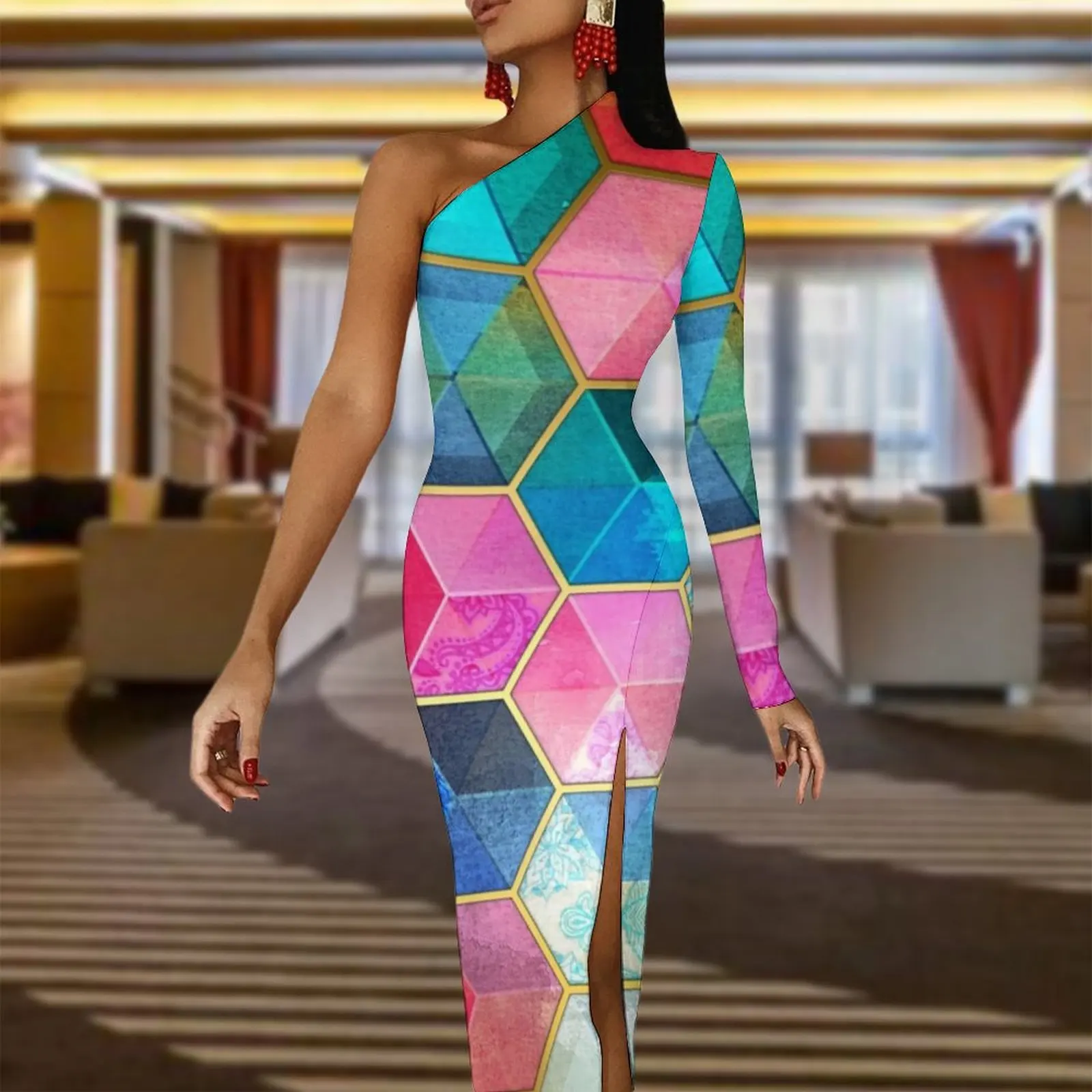 Colorful Geo Print Bodycon Dress Womens Honeycomb Cubes Kawaii Maxi Dress One Shoulder Party Graphic Dresses Gift