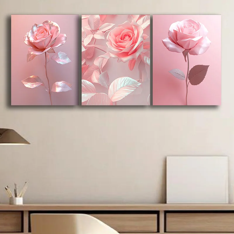 Frameless 3pcs with -- Fashion pink rose theme canvas wall art  painting, suitable for indoor Easter, President's Day, Mardi
