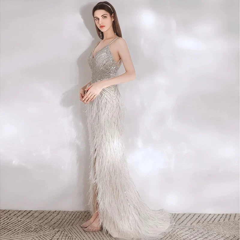 Elegant Sexy V Neck Feather Evening Dress Long Floor Length 2023 Luxury Prom Gown Vestidos De Noche Formal Occasion Dresses