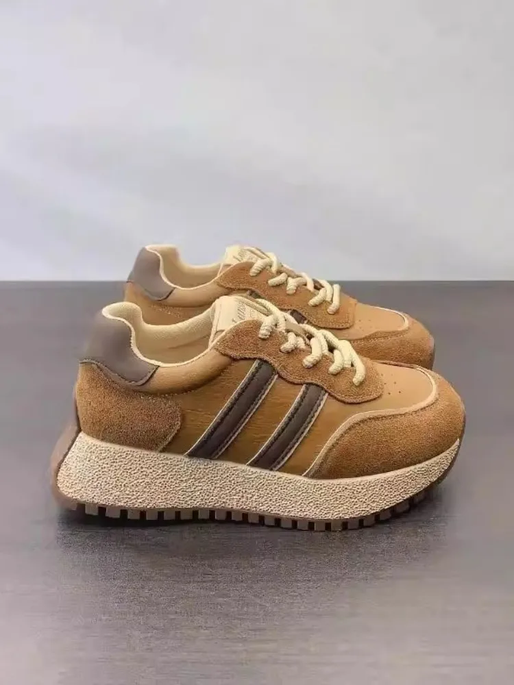 Vintage Spliced Genuine Leather Sneakers Comfortable Breathable Thick Bottom Running Sports Shoes Lace Up Walking Jogging Shoes image 4