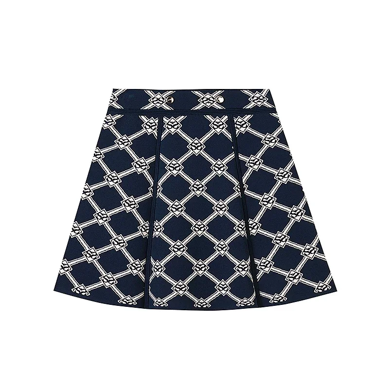 Fashion Women Knitted T Shirt Navy Geometric Printed Crew-Neck Cardigan Tops High Quality Vintage Official Female Skirt Clothing