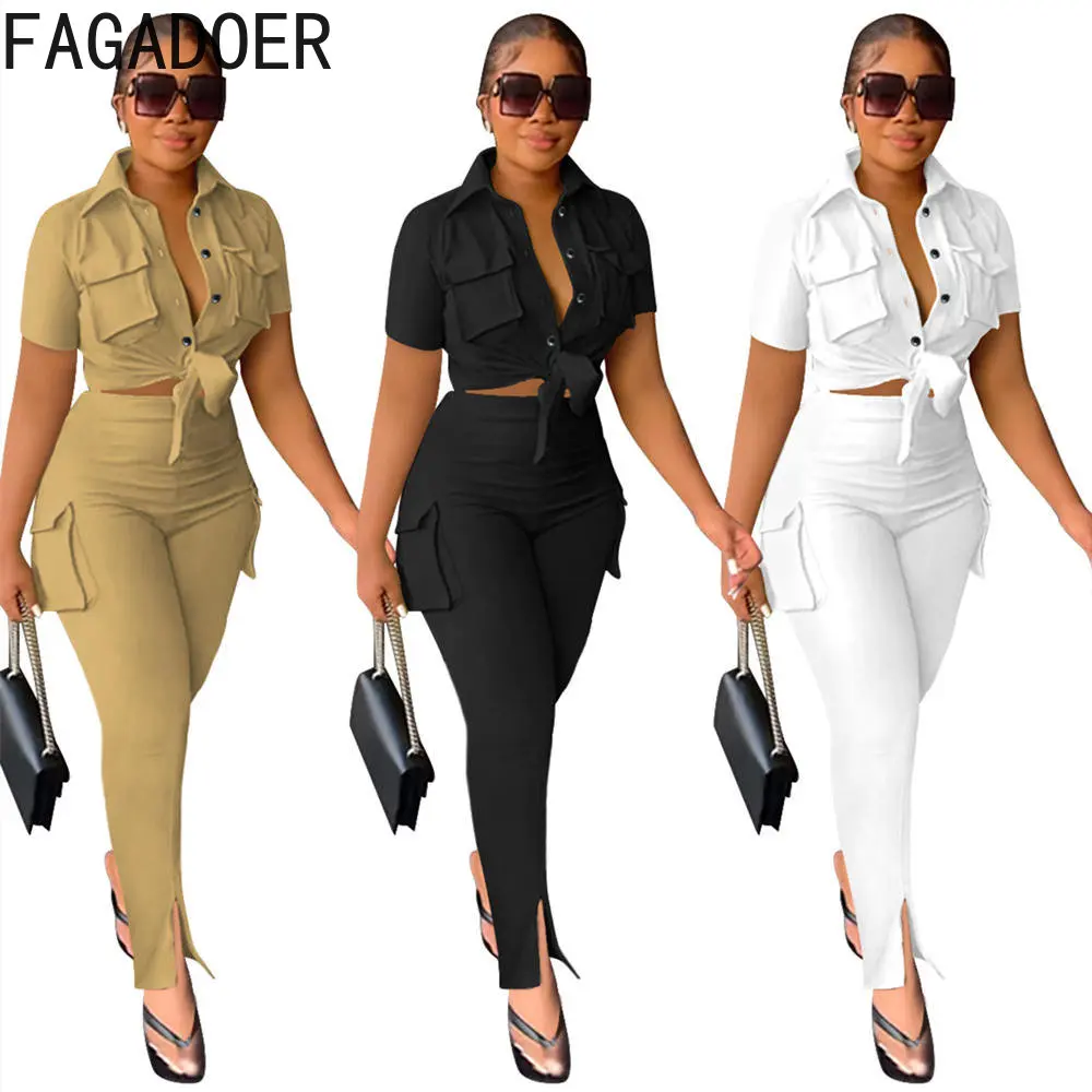 

FAGADOER Casual Solid Color Shirt Two Piece Sets Women Short Sleeve Button Top And Skinny Pants Tracksuits Fashion 2pcs Outfits