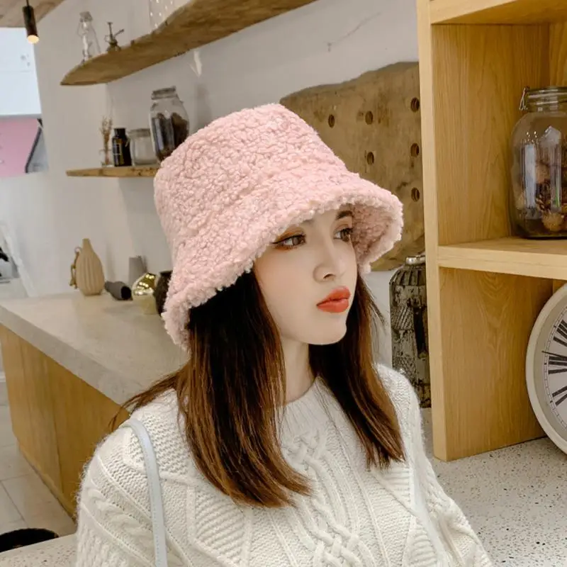 Unisex Harajuku Bucket Hat Solid Men Fishing Fisherman Hat Autumn Winter Lamb Wool Outdoor Warm Panama Cap For Women