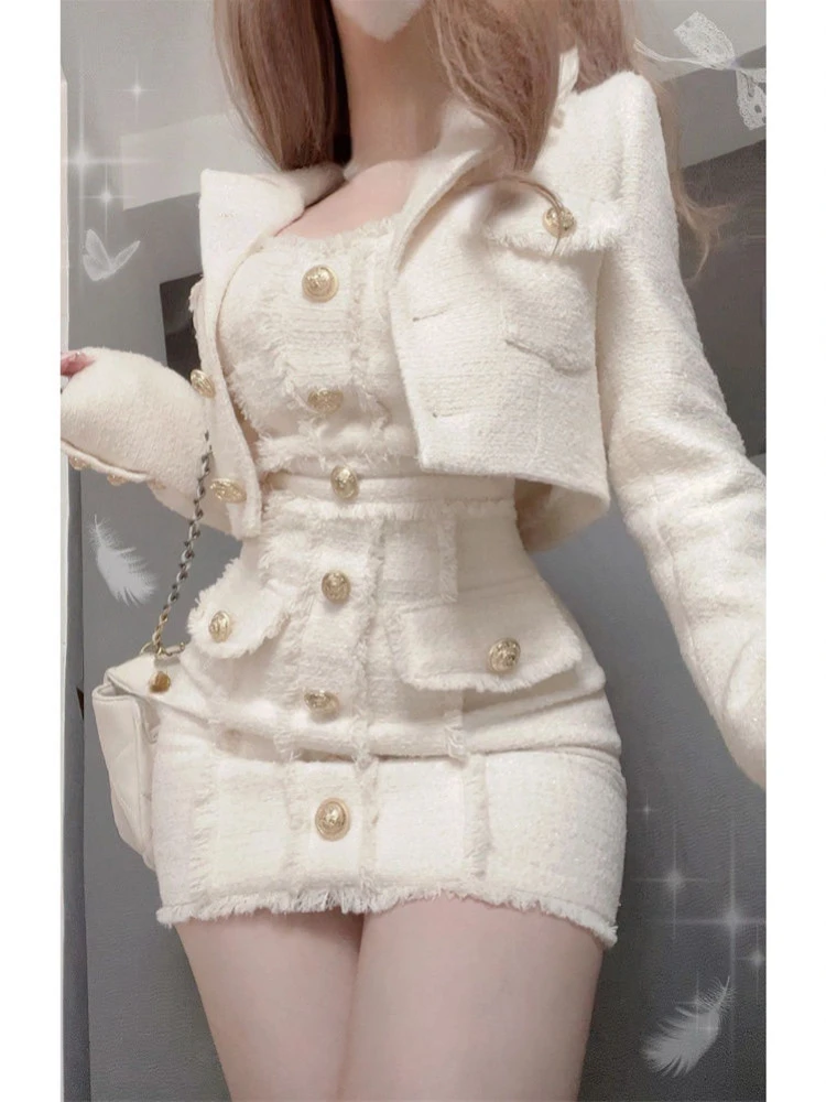 2024 Spring New French Elegant Suit Woman Slim Short Coat + Party Korea Fashion Sleeveless Dress Y2k Mini Skirt Suit Office Lady