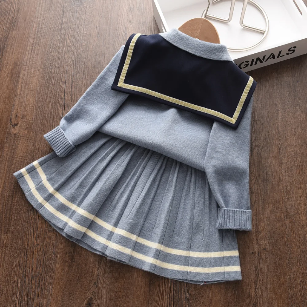 Collar Bow Knit Cardigan Set for Winter Long Sleeved Collar Bow Sweater+pleated Skirt Sets Student Clothing Girls Clothes