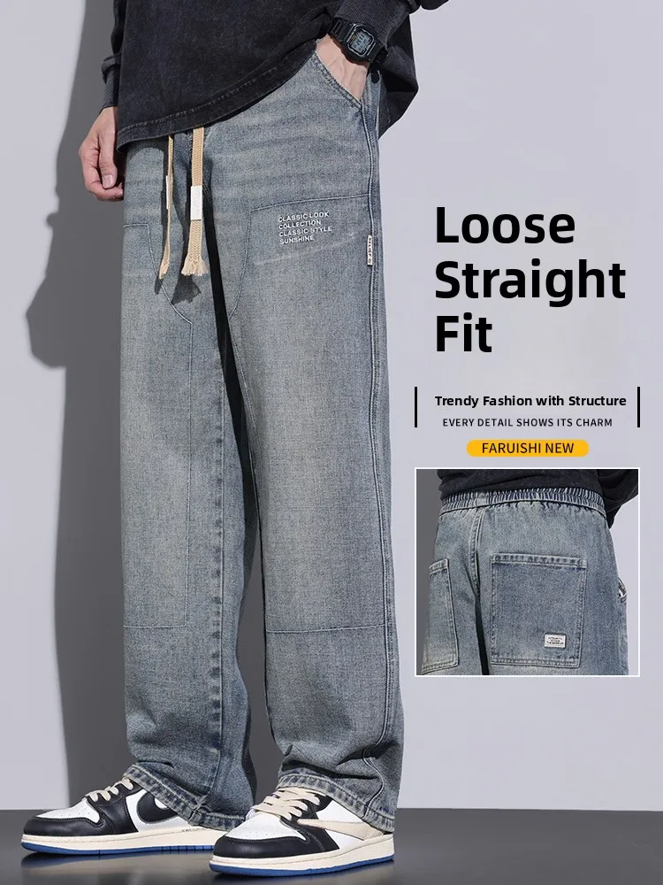 

Модные свободные прямые джинсы для мужчин, осенние повседневные, в американском стиле, для подростков, длинные брюки, уличная мода, хлопковый деним