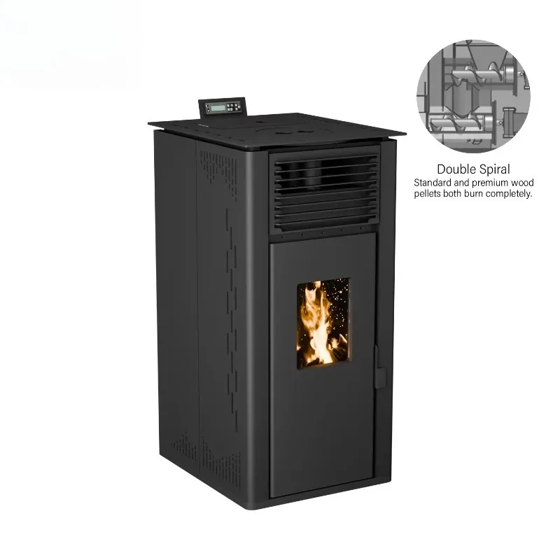 Estufa de pellets interior moderna de 6KW para sala de estar, fácil de instalar, hierro fundido de biomasa independiente de alta eficiencia y ahorro de energía