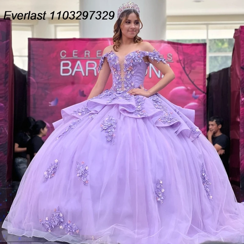 EVLAST Luxury Purple Quinceanera Dress Ball Gown 3D Floral Applique corsetto a strati con perline Sweet 16 Vestidos De 15 aecos TQD850