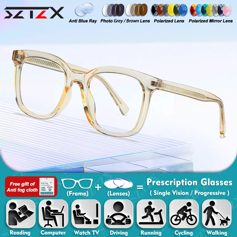 

SZTZX New Fashion Women Myopia Photochromic Prescription Glasses Currents Square Anti Blue Light Progressive Reading Eyeglasses