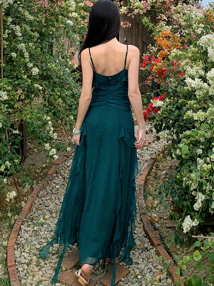 2025 グリーンパッチワーク ラッフルVネック セクシー スリング ロングドレス レディース エレガント ラグジュアリー ドレス サマー 韓国 ヴィンテージ フェスティバル パーティー ドレス