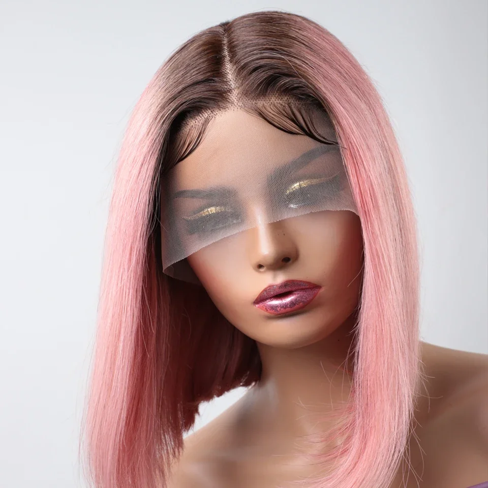 

Pink Colored Short Bob Wig Silky Straight Lace Front Human Hair Wigs For Women Transparent Lace Wig Bleached Knots Pre Plucked
