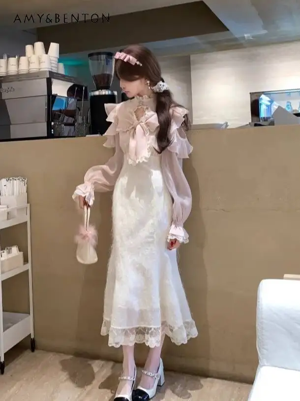 

Gentle Temperament Elegant Dress Sweet Ruffle Edge Off-the-shoulder Long-sleeved Slim Fishtail Dress Fairy Mid-length Dresses