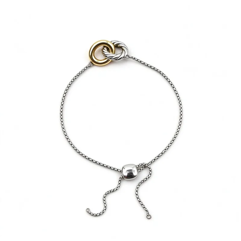 Two Tone Gold Silver Twisted Double Ring Slider Bolo Chain Bracelet for Women High Quality Polished Alloy Interwoven Circle Charm Adjustable Box Chain Elegant Minimalist Jewelry for Daily Wear Party Wedding Christmas Birthday Anniversary Gift for Her