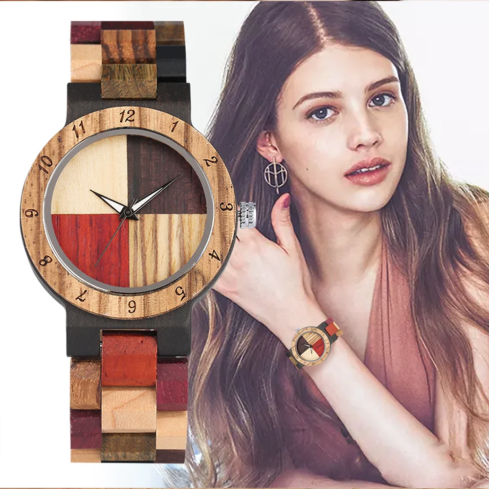 Women\'s Quartz Wristwatches 4 Colors Mixed Dial Wood Bangle Natural Full Wooden Lady Bracelet Watches Folding Clasp Timepiece