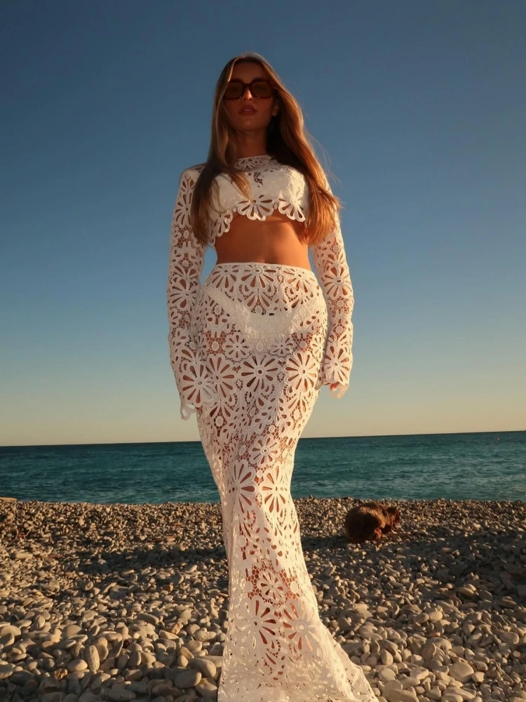 Weiß Elegante Stickerei Aushöhlen Strand Kleider Set Sexy Durchsichtig Crop Tops Lange Röcke Frauen Sets Sommer Frauen Outfits – Detail 12
