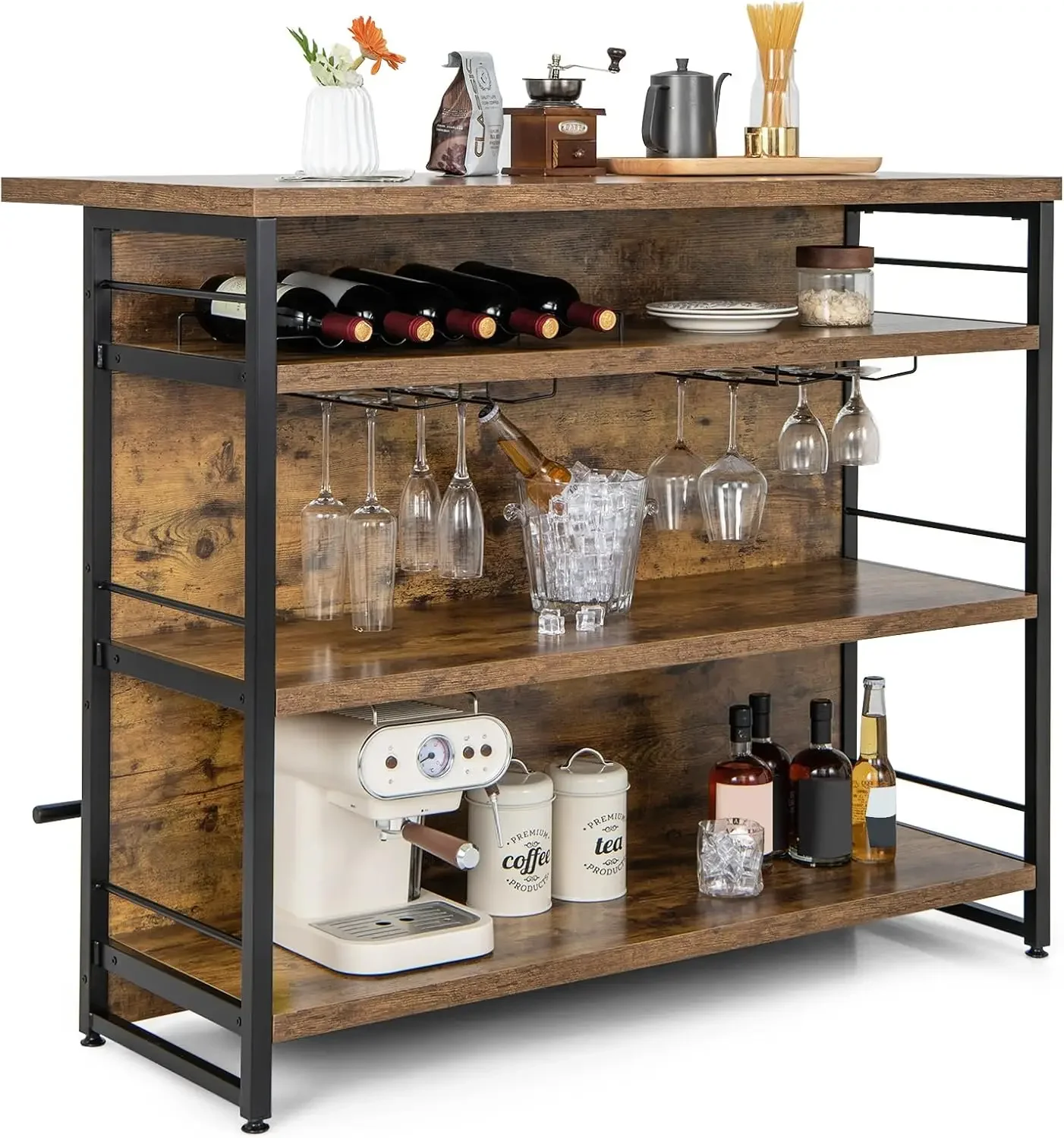 

Industrial home bar unit, fixed kitchen island with 4 storage shelves, wine rack, glass rack, bar table with long footstool
