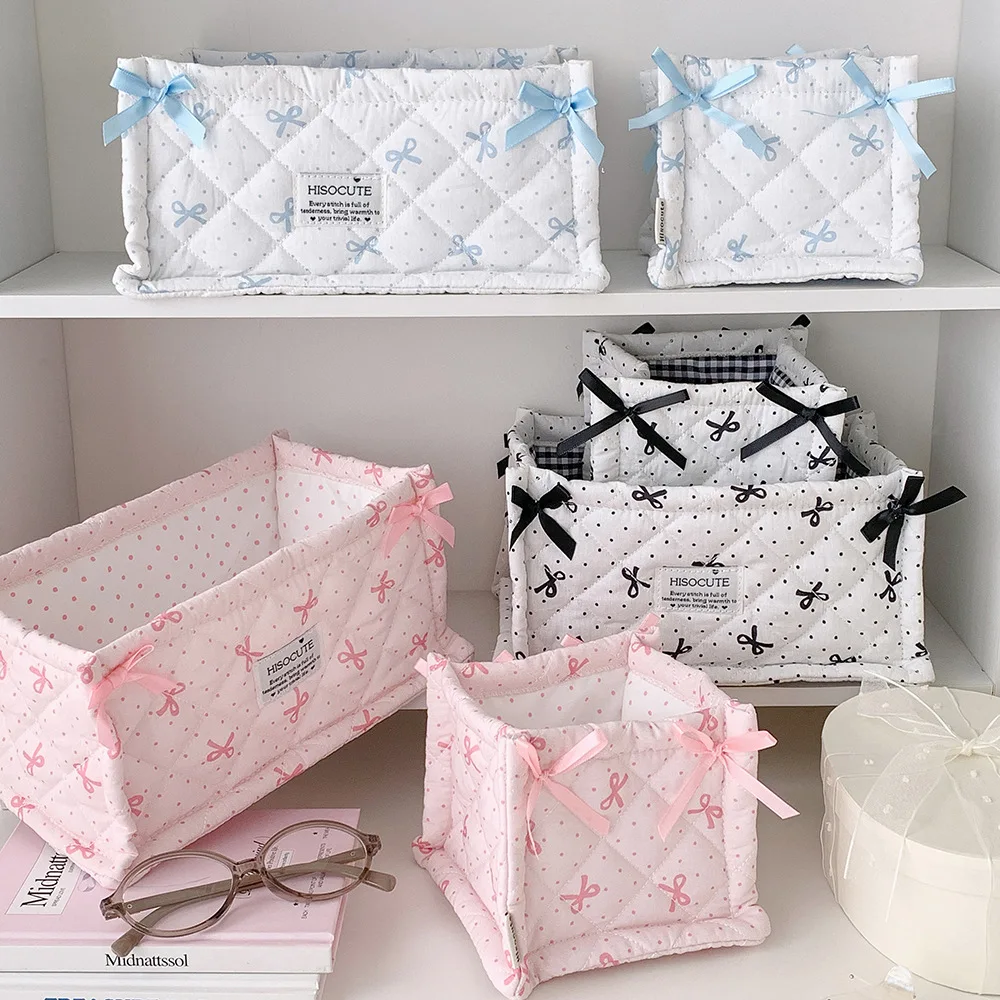 INS Wave Point Bow Stationery Storage Box Pen Holder Student Stationery Girl Quilted Cosmetics Desktop Organizing Storage Basket