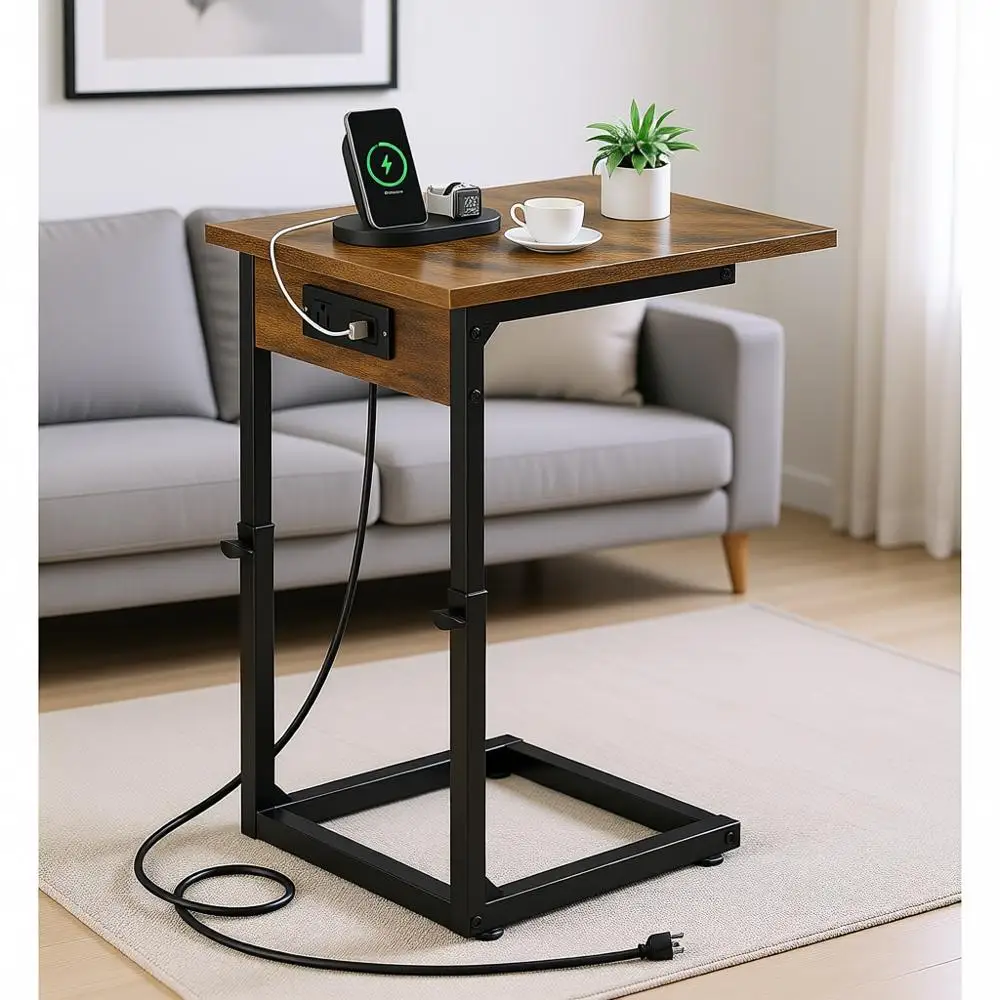 

C Shaped End Table with Charging Station, Adjustable Height Side Table, Slide Under Couch Table, Living Room, Bedroom, Brown