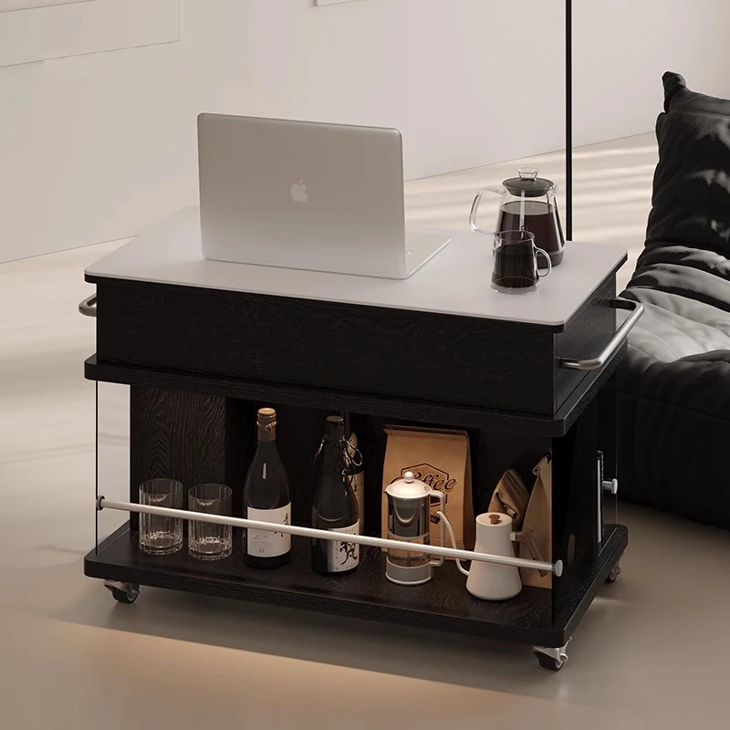 Modern Luxury Bamboo Mobile Coffee Table Wheels Multifunctional Eco-Friendly Living Room Console Cabinet Lifted Side Table Sofam