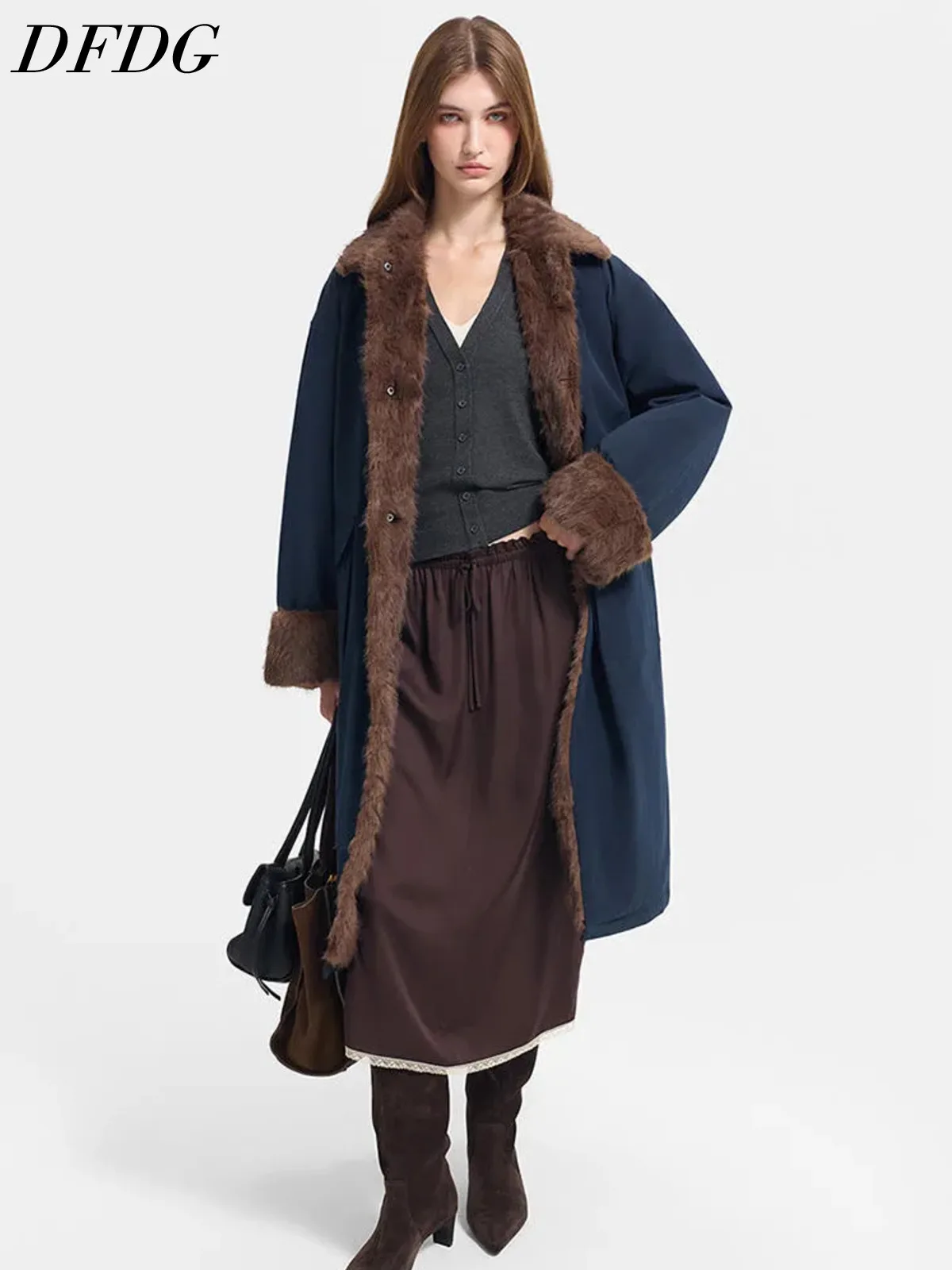 DFDG Women Reversible Long Parka Coat Faux Fur Lined Big Collar Loose Oversized Winter Warm Outerwear For Cold Weather Jacket